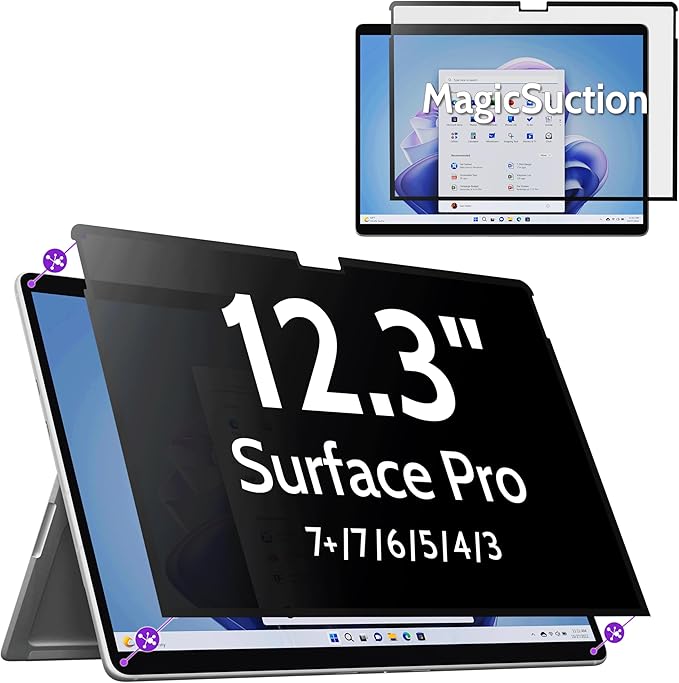 Peslv Privacy Screen for 12.3 Inch Surface Pro 7+/7/6/5/4/3, MagicSuction™ Removable Anti Spy Black Protector, Glare Blue Light Filter for Microsoft Laptop Computer Monitor