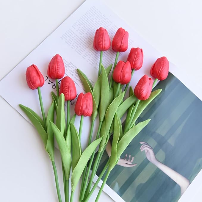 20 Pcs 13” Real Touch Red Tulips Artificial Flowers, Latex PU Fake Faux Lifelike Flowers with Stems, for Christmas Valentine's Day Mother's Day Easter Home Decor Wedding Bouquet