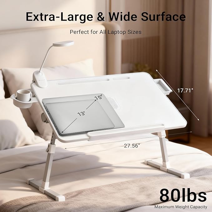 iXTRA Laptop Lap Desk with Cooling Fan - Adjustable Bed Desk with Light, Bed Table with Cup Holder&Phone Holder - Storage Drawer Desk - Folding Bed Desk,White,70x45cm