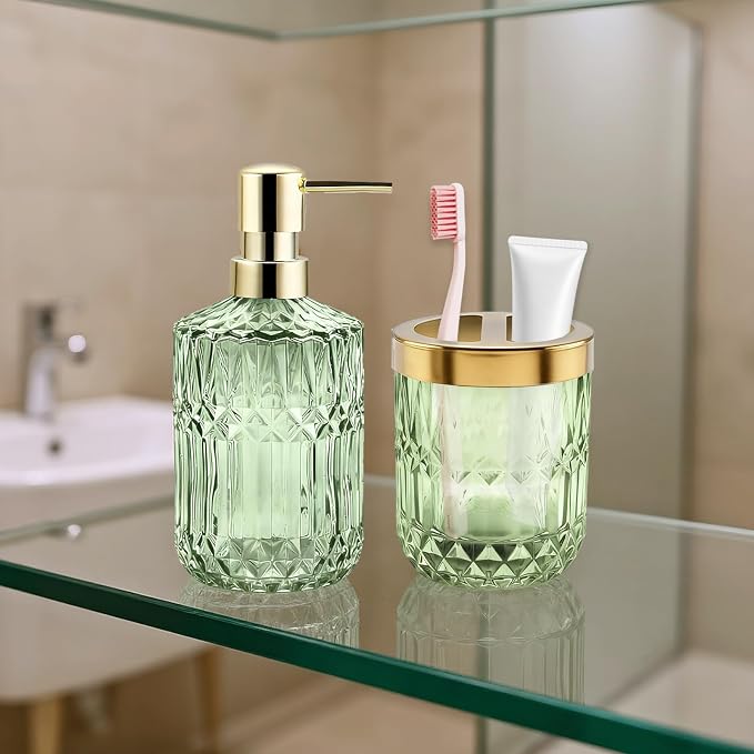 2Pcs Green Bathroom Accessories Set, Glass Bathroom Accessories, Vintage Bathroom Countertop Decoration Includes Soap Dispenser, Toothbrush Holder