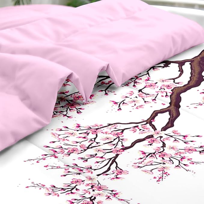 Comforter Set Twin Size, Japanese Cherry Blossom 5 Pcs Bedding for Kids and Adults, Flower Painting Pink Bed Sheet Sets with Fitted Sheet Pillowcase & Sham for Bedroom Bed Decor