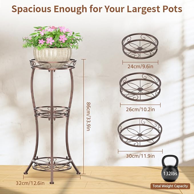 LASZOLA Bronze 3 Tier Tall Plant Stand for Indoor Outdoor, Large Multiple Level Flower Planter Holder Organizer Rack for Patio Office Bathroom Corner Floor, Sturdy Heavy Duty Metal, Vertical Display