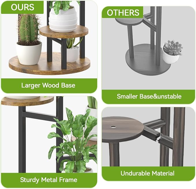Oppro 5 Tier Plant Stand Indoor, Metal Wood Flower Holder, Heavy Duty Tall Round Multiple Shelf, Sturdy Spiral Planter Orchid Display Rack for House Living Room Patio Corner Bathroom, Modern Black