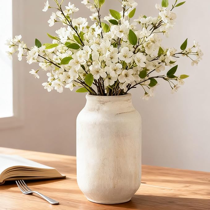 Rustic Ceramic Farmhouse Flower Large Vase, Whitewashed Terra Cotta Vase, Pottery Decorative Flower for Home Decor, Table, Living Room Decoration, Shelf Decor, Mantel, 9.5 Inch, White