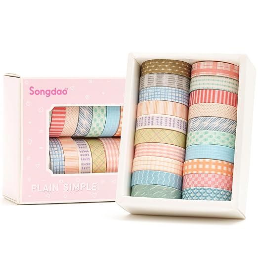Songdao 20 Rolls Basic Washi Tape Set Japanese Arts Adhesive Tapes Simple Patterns Decorative Masking Tape Sets for Craft, Kids, Scrapbook, DIY, Gift Wrapping (Style One)