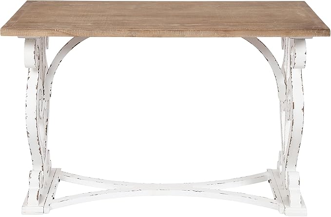 Kate and Laurel Wyldwood Farmhouse Wooden Desk; 46 x 24 x 30; Brown and White; Rustic Carved Wood Computer Desk for Functional and Stylish Home Office Decor