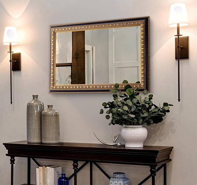 Vintage Mirror for Wall, 36" L x 24" W Baroque Mirror with Carved Wood Frame and Handmade Aged Gold Finish, Horizontal/Vertical Hanging, Rectangular Mirrors for Living Room Bathroom Fireplace
