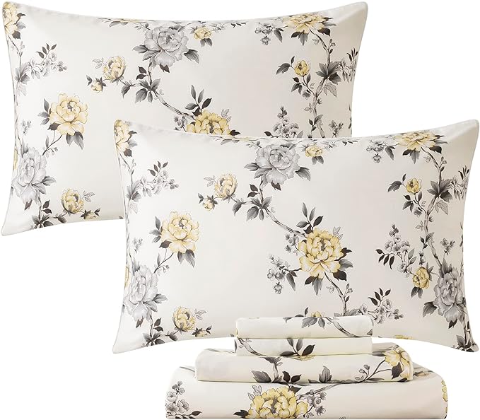 FADFAY Floral Sheets Set Full Vintage Rose Floral Bedding Shabby Grey and Yellow Peony Sheets Farmhouse Bedding 800 Thread Count 100% Egyptian Cotton Soft Deep Pocket Fitted Sheet 4Pcs, Full Size