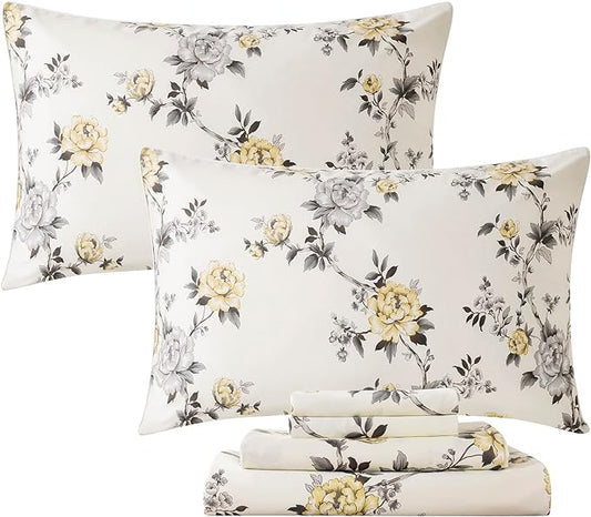 FADFAY Floral Sheets Set Full Vintage Rose Floral Bedding Shabby Grey and Yellow Peony Sheets Farmhouse Bedding 800 Thread Count 100% Egyptian Cotton Soft Deep Pocket Fitted Sheet 4Pcs, Full Size