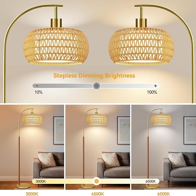 Wood Arc Floor Lamps for Living Room,Boho Rattan Floor Lamp with Remote Control & 3 Color Temperatures,Dimmable Mid Century Modern Standing Lamp Farmhouse Vintage Tall Floor Lamp For Bedroom Corner