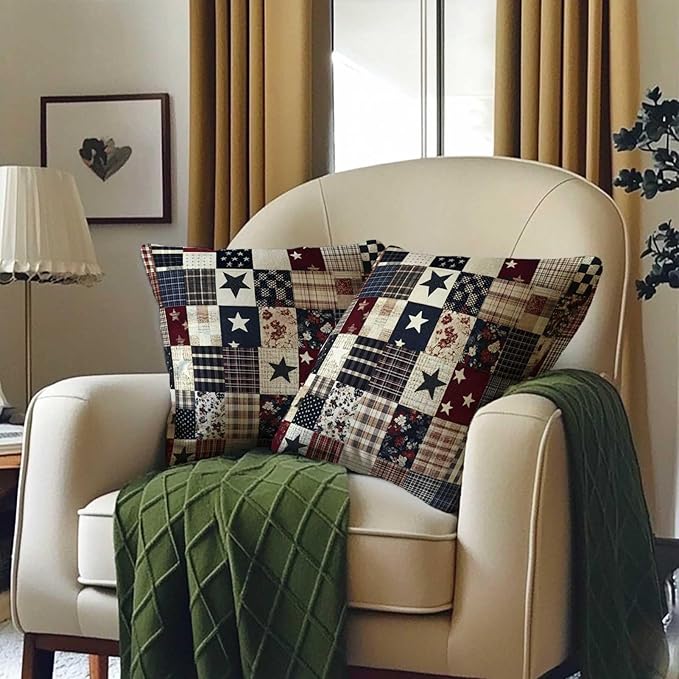 Printed Faux Patchwork Americana Throw Pillow Covers Set of 2 | Country Decorative Square Cushion Cases for Couch and Living Room | 18x18 Inches | Farmhouse Pillow Cases for Home Decor