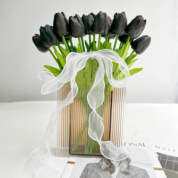 20 Pcs 13” Real Touch Black Tulips Artificial Flowers, Latex Pu Fake Faux Lifelike Flowers with Stems, for Halloween Home Decor Wedding Bouquet