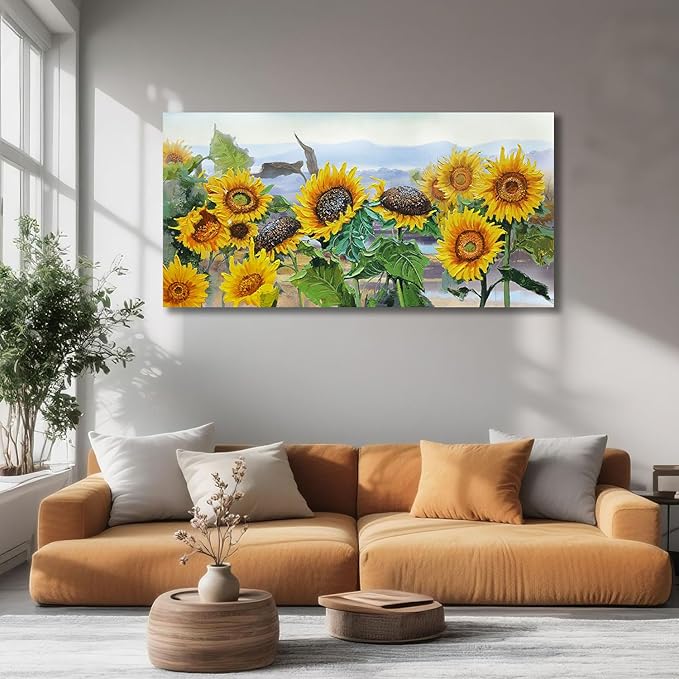 Ardemy Sunflower Wall Art Canvas Flower Yellow Picture Floral Landscape Painting for Living Room, Nature Large Framed Artwork Bedroom Dining Room Home Office Wall Decor 48"x24"