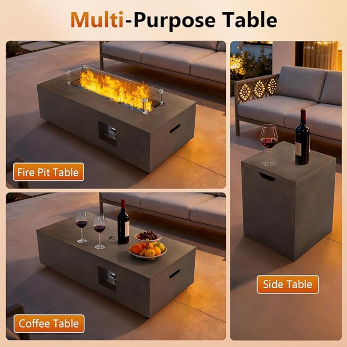 2-Piece 42" Rectangular Propane Fire Pit for Outside Patio with Hidden Tank Table, 50,000 BTU Fireplaces with Glass Wind Guard, Lid, Glass Rocks, Cover(Walnut Wood Grain)