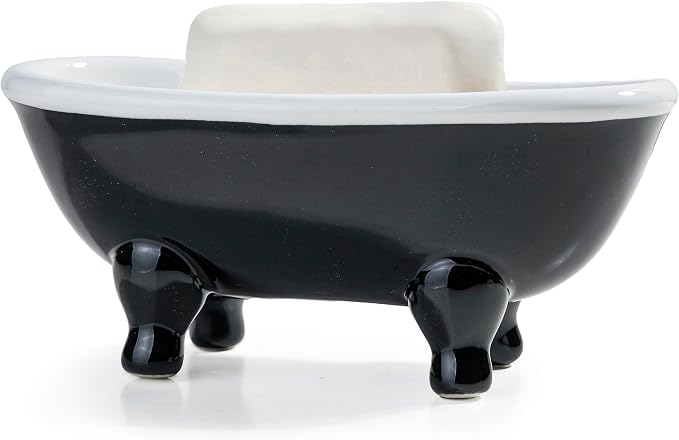 5.7" Ceramic Mini Clawfoot Bathtub Bar Soap Dish, Decorative Bar Soap Holder for Shower, Bathroom & Kitchen Sink (Black)