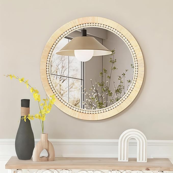ULIKE Rattan Wicker Mirror for Bathroom, 24 Inch Boho Woven Decorative for Wall, Rustic Farmhouse Vanity Mirror, Round Rattan Mirrors for Living Room Entryway Bathroom Bedroom