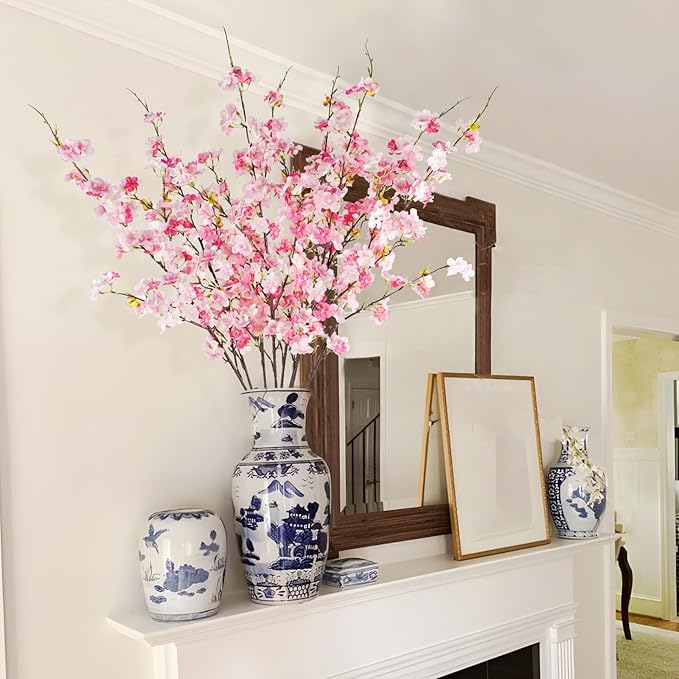 8 Pcs Artificial Cherry Blossom Flowers 40" Faux Silk Cherry Blossom Stems Fake Real Touch Peach Branches for Wedding Home Garden Japanese Decor Pink