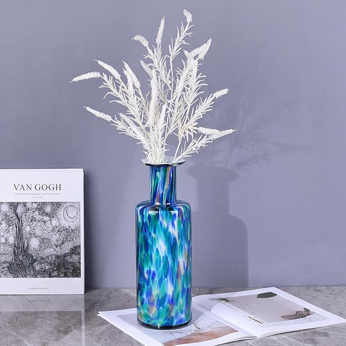 13" H Hand-Blown Glass Vase, Modern Art Glass Cylinder Vase, Green Glass Decorative Vase for Living Room Dining Table centerpieces, TV Console, Office, and Console Decor.