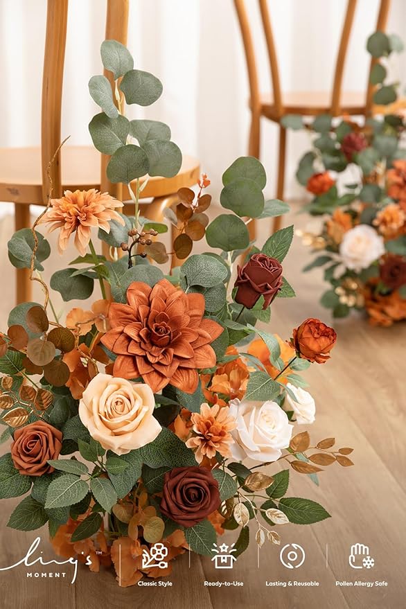 Ling's moment 17.5" Tall Standing Artificial Flowers Arrangements 2 pcs Wedding Aisle Runner Chair Decorations Terracotta & Burnt Orange Centerpieces for Ceremony Reception Rose Floral Party Outdoor