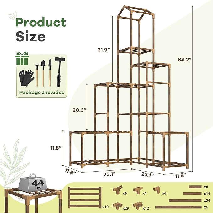 EnHomee 64.2" Corner Plant Stand Indoor Tall Plant Shelf for 13-19 Pots Tiered Plant Stands for Outdoor, Multiple Plants Tiered Wood Shelf for Living Room, Balcony, Patio