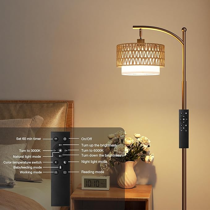 Ambimall Arc Floor Lamp for Living Room with Remote, Color Temperature & Brightness Adjustable, Boho Standing Lamp with Rattan & Fabric Double Drum Shades, Bulb Included(Brown)