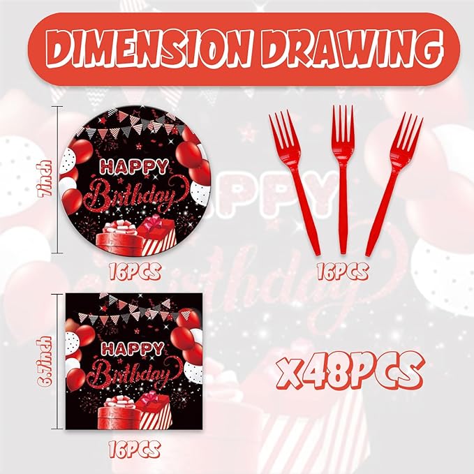 48Pcs Black and Red Happy Birthday Decorations Tableware Inculde Plates Napkins Forks Red and Black Birthday Party Supplise Serve 16 Guests
