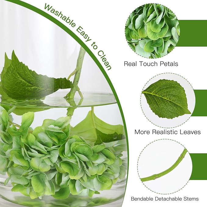 3Pcs Hydrangea Artificial Flowers, 22.44" Real Touch Latex Faux Hydrangea with Long Stems & Leaves for Home Office Decor or Wedding, Party, Centerpieces, Floral Arrangements (Green)