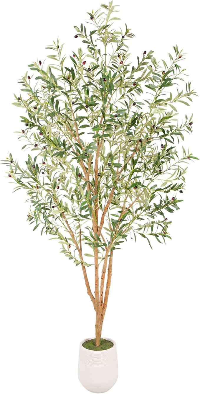 Bellacat 8ft Super Fuller Faux Olive Tree with White Decorative Planter & Multiple Real Wood Trunks, 96in Olive Trees Artificial Indoor with Realistic Fruit, Fake Olive Tree for Indoor & Outdoor Décor