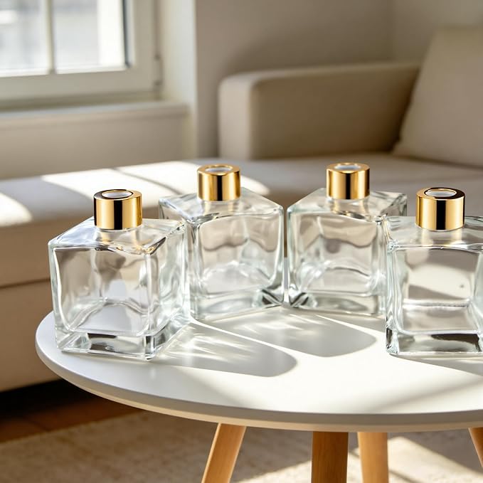 Squre Glass Diffuser Bottles with Gold Caps, Set of 4-3.7" High,200ml 6.7 fl oz. Fragrance Accessories Use for DIY Replacement Reed Diffuser Sets