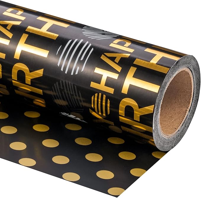 WRAPAHOLIC Reversible Birthday Wrapping Paper Roll - Mini Roll - 17 Inch x 16.5 Feet - Black Gold Happy Birthday Wrapping Paper Perfect for Adults Kids Girls Boys, Baby Shower