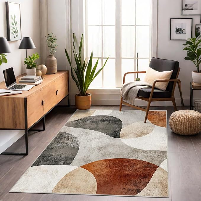 5x7 Boho Area Rug Brown Tan Beige Black White Bedroom Rug Soft Low Pile Thin Large Carpet Living Room Non Slip Dining Room Stain Resistant Office Washable Machine