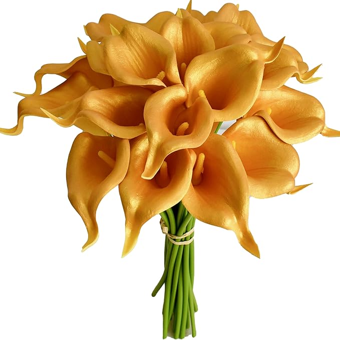 Mandy's PU Gold Calla Lily Artificial Flowers 20 Stems 13.5in Faux Realistic Centerpiece for Thanksgiving and Christmas Decorations DIY Bridal Bouquet Home Décor