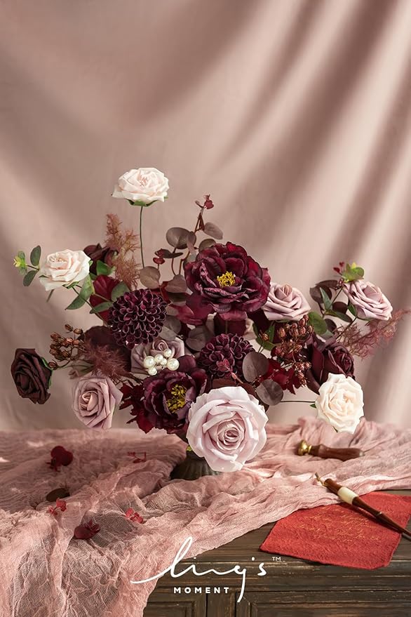 Ling's moment Fake Flowers Box, Faux Artificial Greenery Stems Foam Roses Dahlia Silk Peonies Eucalyptus Fabic Flower for Centerpieces Bouquet Wedding Vase, Dusty Rose & Burgundy, Deluxe Combo