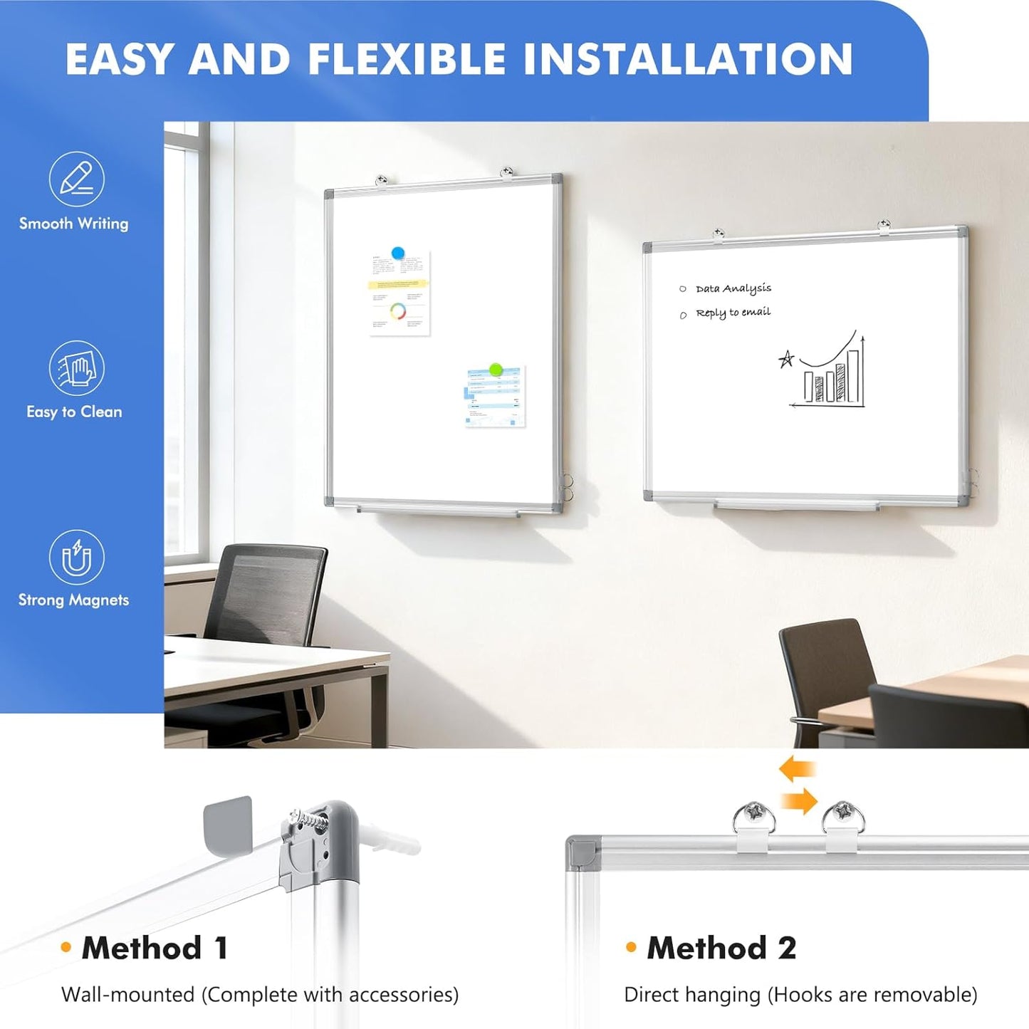 WALGLASS Double-Sided Dry Erase Board - 24" x 18" Magnetic Whiteboard with Silver Aluminum Frame for Home & Office
