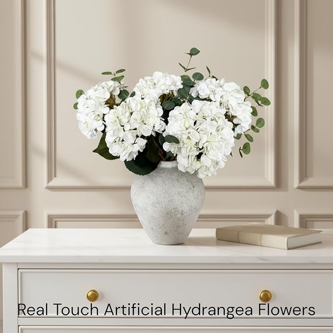 Real Touch White Faux Hydrangea And Eucalyptus Arrangement, Faux Floral Arrangements, Hyper Realistic Artificial Flowers, White Centerpieces For Kitchen Dining Coffee Table Decor, 5 Heads + Greenery