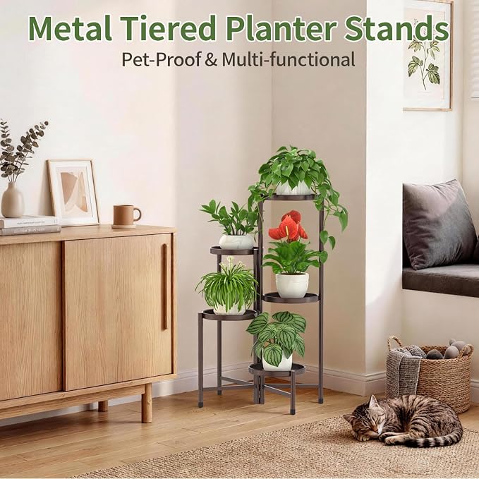 LASZOLA 5 Tier Large Plant Stand Indoor Tall with 10 Inch Metal Tray, Corner Folding Flower Display Rack, Modern Plant Holder Shelf for Outdoor Patio Porch Garden Office Living Room, Bronze