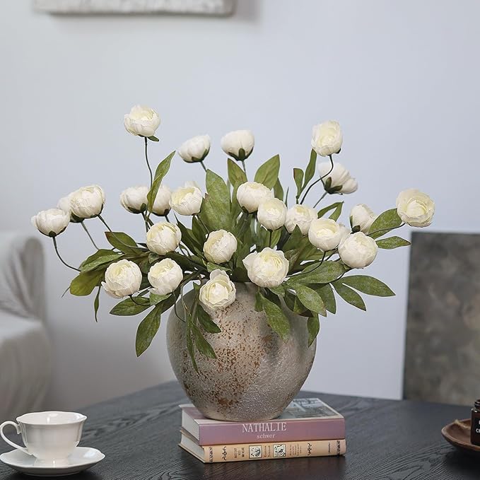 VIERENA 12 Pcs Faux Silk Peony Artificial Flowers for Vase -27", Bulk Fake Peonies Branches with Stems for DIY Bouquet Centerpieces Wedding Fillers Arrangements Shower Decorations (Cream)