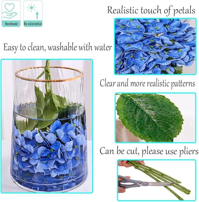 Kimura's Cabin 5Pcs Blue Artificial Hydrangea Flower 21inch Real Touch Fake Hydrangeas Flowers Long Stem with Leaves Hydrangea Bouquet for Wedding Baby Shower Birthday Party Home Interior Decoration