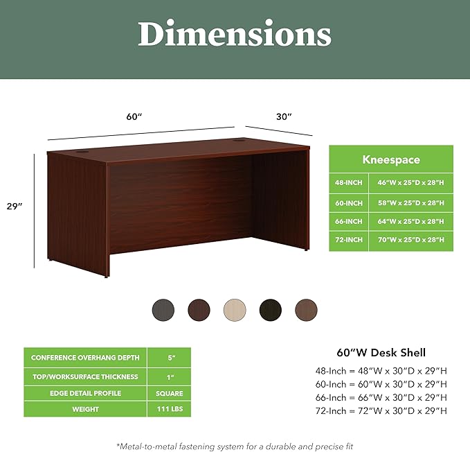 HON MOD Executive Desk 60-Inch Large Computer Desk Shell, Thick Wooden Laminate, Modern Table with Cord Management, 60" W x 30" D x 29" H, Traditional Mahogany