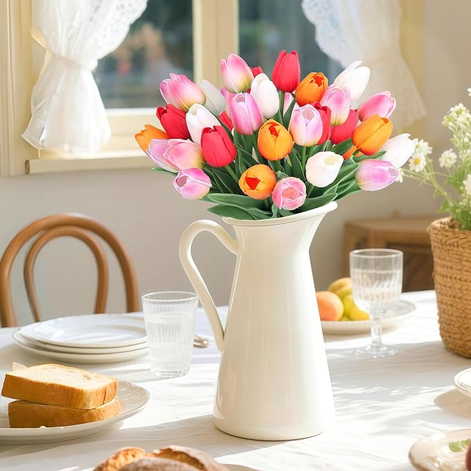 20pcs Tulips Artificial Flowers for Real Touch Fake Tulips Slik Faux Flowers for Summer Wedding Bouquet Mother's Day Decor (5 Color 14 Inches)