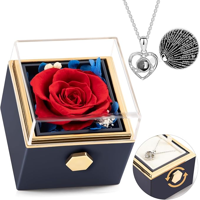 Forever Rose Gifts for Her,Preserved Real Red Flowers Rotating Box with I Love You Necklace 100 Languages,Mothers Day Eternal Rose Rotating Jewelry Box Gifts for Women Mom Wife Girlfriend