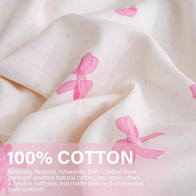 Pink Bow Duvet Cover Set King 100% Nature Cotton Duvet Cover 3 Pcs Girls Cute Comforter Cover with Zipper Closure Ultra Soft Breathable Bedding Set for All Seasons