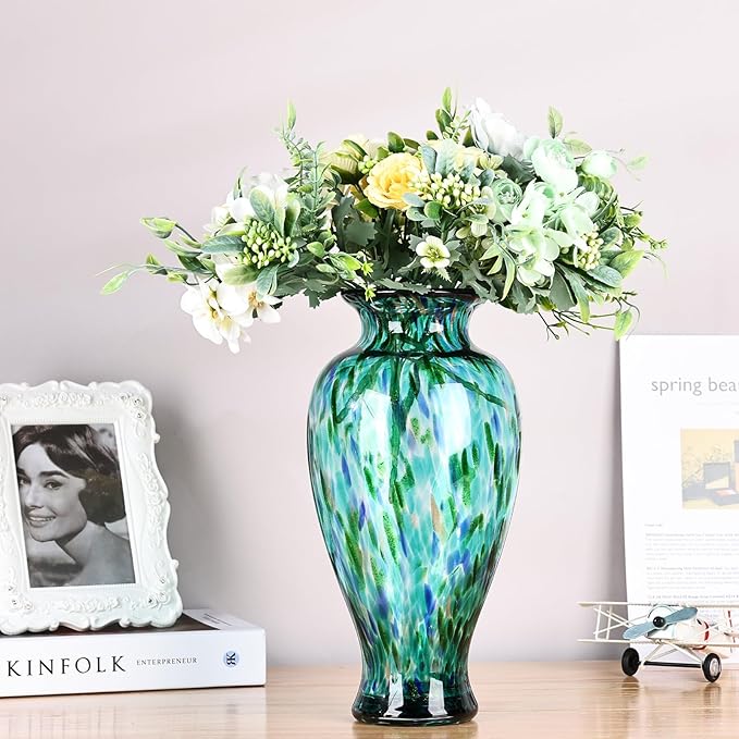 11.8" Tall Turquoise Glass Vase Beautiful Hand Blown Glass Vase Modern Art Home Decor, Wide Mouth Colorful Vases for Mantle Dining Table Centerpiece, Entryway Living Room Wedding Decoration