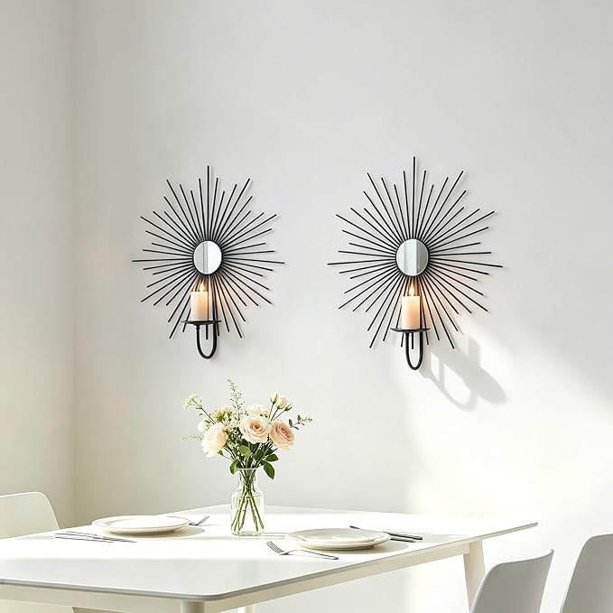 2 Set Candle Sconces Wall Decor for Living Room Metal Sunburst Mirrored Modern Gold Wall-Mounted Candle Holder Sconces Hanging Mounted Fireplace Farmhouse Wedding