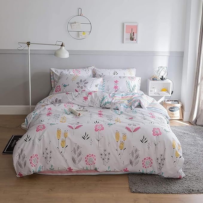 LifeTB Botanical Floral Duvet Cover Twin XL Girls Floral Print Bedding Sets Garden Style Aesthetic Duvet Cover 100% Cotton Flower Comforter Cover Kids Kawaii Bedding Cover Twin XL with 2 Pillowcases