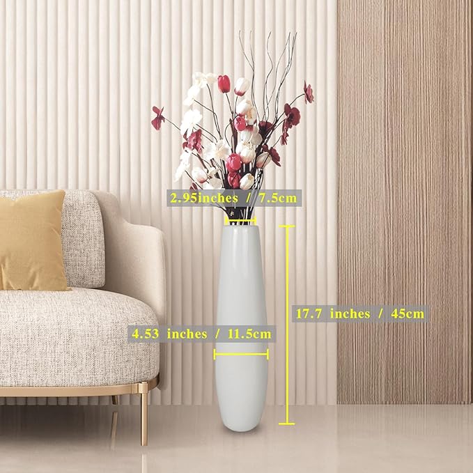 Ceramic White Floor Vase 17.7 Inches Tall Flower Holder Decorative Large Vases for Table Centerpieces Shelf Home Decor Living Room Branches Sky-Dried Flower Arrangement Simple Decorative