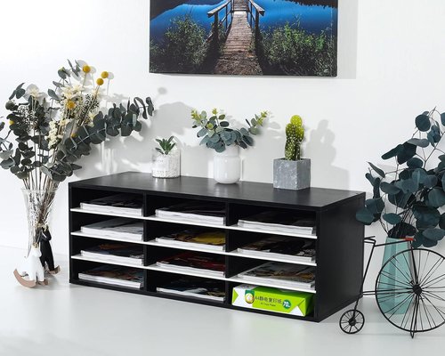 PAG Mail Sorter - Wood Countertop Literature Organizer with 12 Compartments | Black & White Design