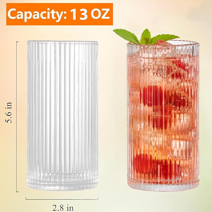 Ribbed Glassware Vintage Drinking Glasses 6Pcs -13OZ Clear Ribbed Drinking Glasses For Coffee, Cocktails, Smoothies, Juice, Beer, Water - Dishwasher Safe Lead-Free - Christmas Thanksgiving Gifts