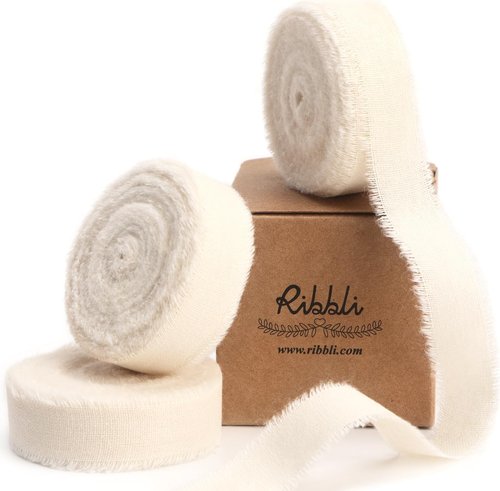 Ribbli Ivory Ribbon - 5/8 Inch x 18 Yards | Cream White Handmade Cotton with Frayed Fringe for Weddings & Crafts