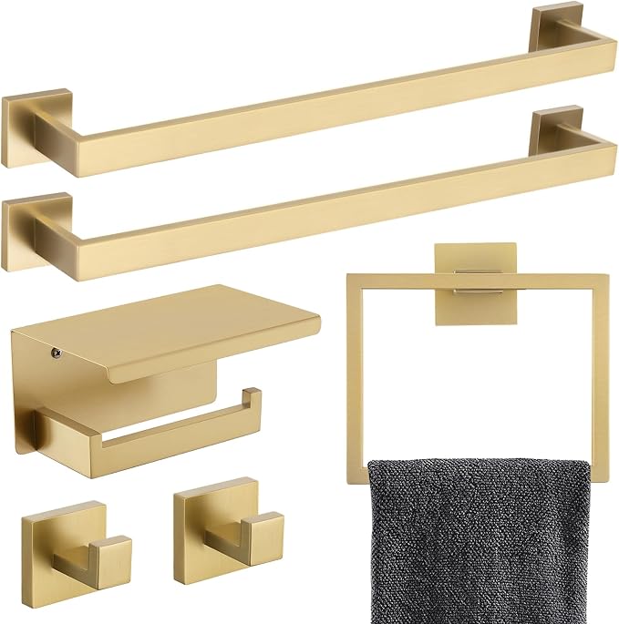 6-Piece Bathroom Hardware Set 23.6 Inch Gold Towel Bar Set Double Towel Bar Towel Ring Coat Hook and Toilet Paper Holder with Shelf Wall Mounted Stainless Steel Bathroom Accessories Set